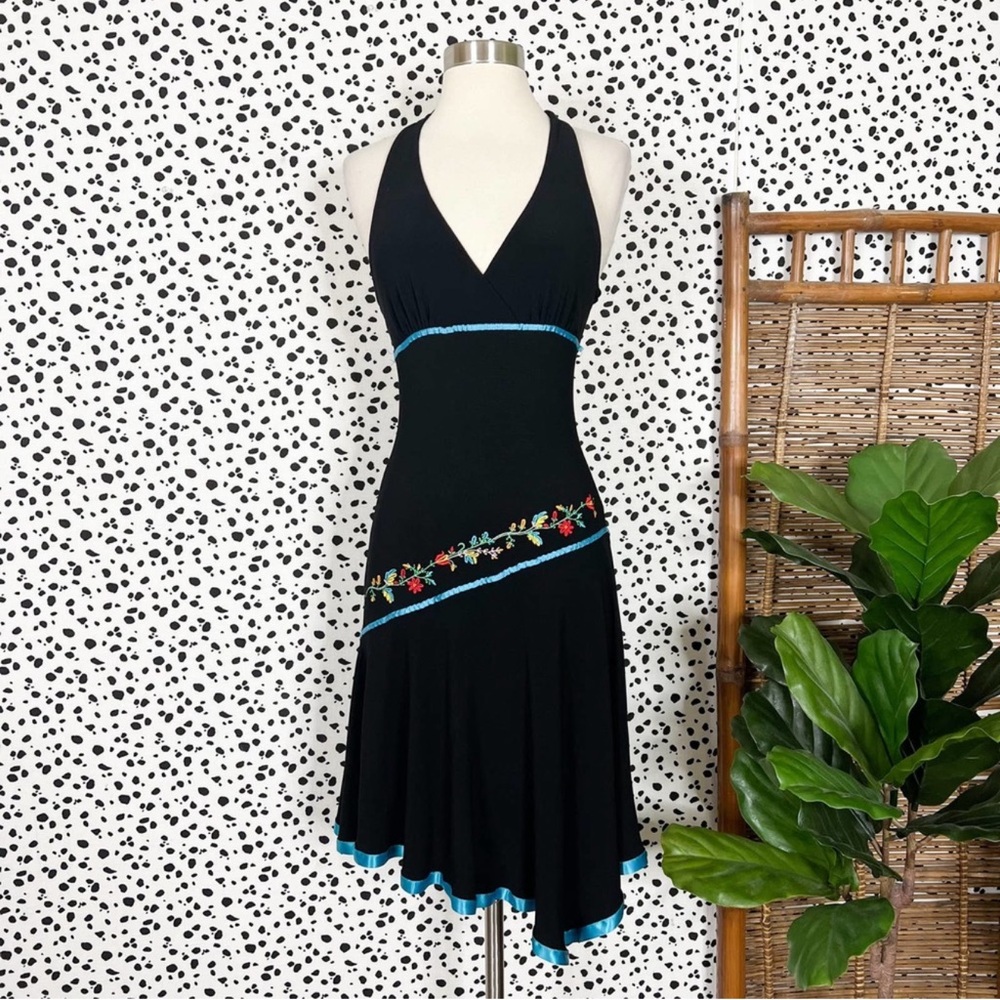 Vintage | Y2K Embroidered Black Halter Asymmetric Dancing Cocktail Party Dress